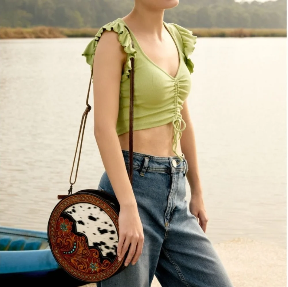 NWT Myra Bag Round Leather Hairon Cowhide Tooled Crossbody Shoulder Bag - Picture 2 of 13
